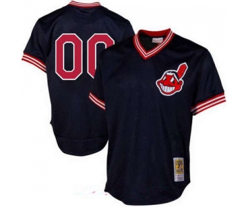 Men's Cleveland Indians Navy Blue Mesh Batting Practice Throwback Majestic Cooperstown Collection Custom Baseball Jersey