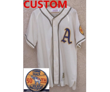 Custom Philadelphia Athletics 50th Anniversary Game Home White Flannel Jersey