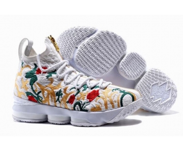 Wholesale Cheap Nike Lebron James 15 Air Cushion Shoes Flowers and Plants White