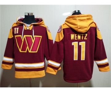 Men's Washington Commanders #11 Carson Wentz Burgundy Lace-Up Pullover Hoodie