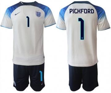Men's England #1 Pickford White Home Soccer Jersey Suit
