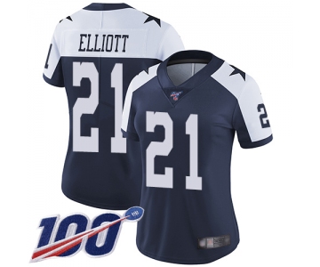 Nike Cowboys #21 Ezekiel Elliott Navy Blue Thanksgiving Women's Stitched NFL 100th Season Vapor Throwback Limited Jersey