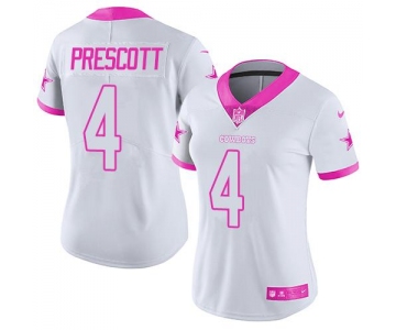 Nike Cowboys #4 Dak Prescott White Pink Women's Stitched NFL Limited Rush Fashion Jersey