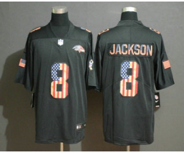 Men's Baltimore Ravens #8 Lamar Jackson 2019 Black Salute To Service USA Flag Fashion Limited Jersey