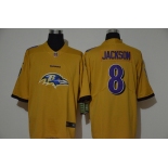 Men's Baltimore Ravens #8 Lamar Jackson Gold 2020 Big Logo Vapor Untouchable Stitched NFL Nike Fashion Limited Jersey