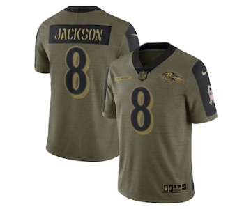 Men's Baltimore Ravens #8 Lamar Jackson Nike Olive 2021 Salute To Service Limited Player Jersey