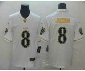 Men's Baltimore Ravens #8 Lamar Jackson White 100th Season Golden Edition Jersey