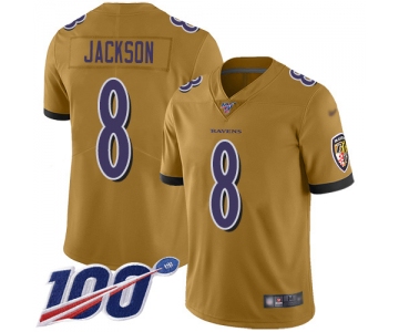 Nike Ravens #8 Lamar Jackson Gold Men's Stitched NFL Limited Inverted Legend 100th Season Jersey
