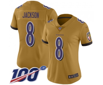Nike Ravens #8 Lamar Jackson Gold Women's Stitched NFL Limited Inverted Legend 100th Season Jersey
