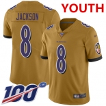 Nike Ravens #8 Lamar Jackson Gold Youth Stitched NFL Limited Inverted Legend 100th Season Jersey