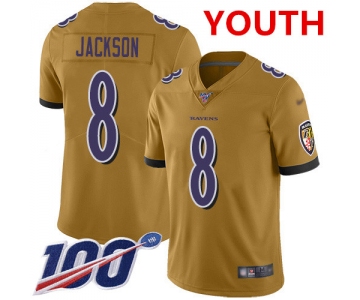 Nike Ravens #8 Lamar Jackson Gold Youth Stitched NFL Limited Inverted Legend 100th Season Jersey