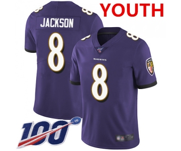 Nike Ravens #8 Lamar Jackson Purple Team Color Youth Stitched NFL 100th Season Vapor Limited Jersey