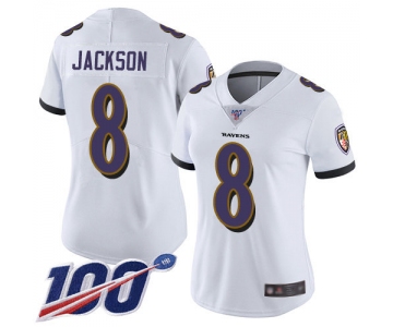 Nike Ravens #8 Lamar Jackson White Women's Stitched NFL 100th Season Vapor Limited Jersey