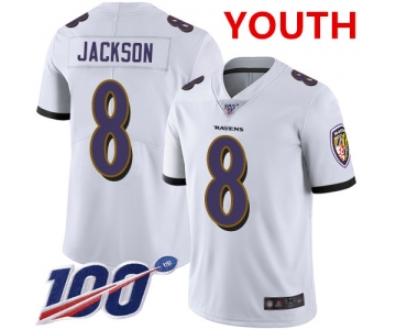 Nike Ravens #8 Lamar Jackson White Youth Stitched NFL 100th Season Vapor Limited Jersey