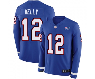 Nike Bills #12 Jim Kelly Royal Blue Team Color Men's Stitched NFL Limited Therma Long Sleeve Jersey