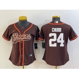 Women's Cleveland Browns #24 Nick Chubb Brown With Patch Cool Base Stitched Baseball Jersey
