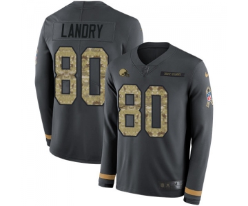 Nike Browns #80 Jarvis Landry Anthracite Salute to Service Men's Stitched NFL Limited Therma Long Sleeve Jersey