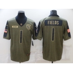 Men's Chicago Bears #1 Justin Fields 2021 Olive Salute To Service Limited Stitched Jersey