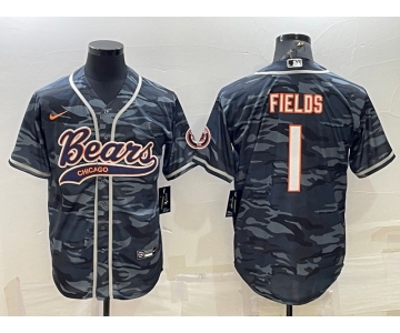 Men's Chicago Bears Blank #1 Justin Fields Grey Camo With Patch Cool Base Stitched Baseball Jersey