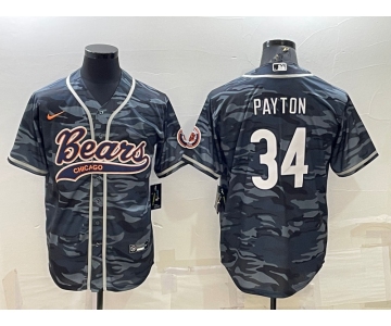 Men's Chicago Bears Blank #34 Walter Payton Grey Camo With Patch Cool Base Stitched Baseball Jersey