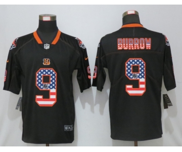 Men's Cincinnati Bengals #9 Joe Burrow 2020 USA Flag Fashion Black Color Rush Stitched Nike Limited Jersey
