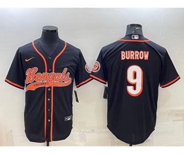 Men's Cincinnati Bengals #9 Joe Burrow Black With Patch Cool Base Stitched Baseball Jersey