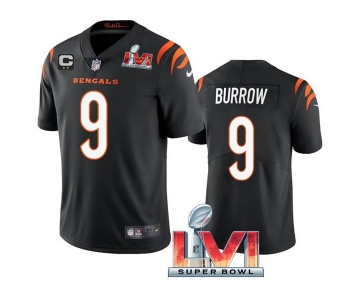 Men's Womens Youth Kids Cincinnati Bengals #9 Joe Burrow 2022 Black With C Patch Super Bowl LVI Vapor Limited Stitched Jersey