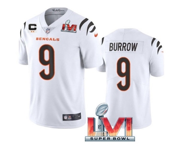 Men's Womens Youth Kids Cincinnati Bengals #9 Joe Burrow 2022 White With C Patch Super Bowl LVI Vapor Limited Stitched Jersey