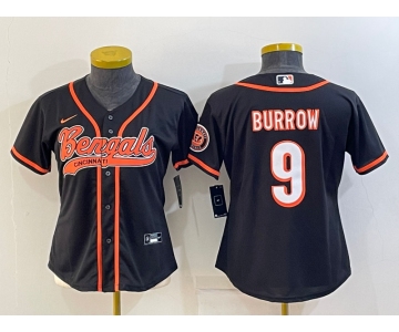 Women's Cincinnati Bengals #9 Joe Burrow Black With Patch Cool Base Stitched Baseball Jersey
