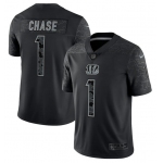 Men's Womens Youth Kids Cincinnati Bengals #1 Ja'Marr Chase Black Reflective Limited Stitched Football Jersey