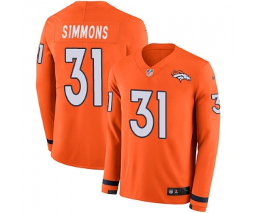 Nike Broncos 31 Justin Simmons Orange Team Color Men's Stitched NFL Limited Therma Long Sleeve Jersey