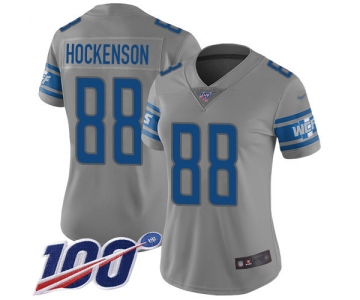 Nike Lions #88 T.J. Hockenson Gray Women's Stitched NFL Limited Inverted Legend 100th Season Jersey