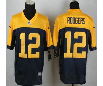 Green Bay Packers #12 Aaron Rodgers Navy Blue With Gold NFL Nike Elite Jersey