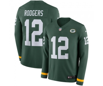 Men Nike Green Bay Packers 12 Aaron Rodgers Green Therma Long Sleeve Jersey