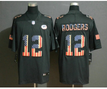 Men's Green Bay Packers #12 Aaron Rodgers 2019 Black Salute To Service USA Flag Fashion Limited Jersey