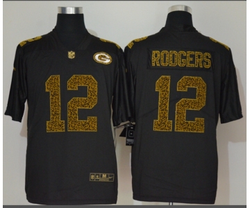 Men's Green Bay Packers #12 Aaron Rodgers Black 2020 Nike Flocked Leopard Print Vapor Limited NFL Jersey