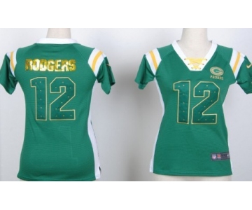 Nike Green Bay Packers #12 Aaron Rodgers Drilling Sequins Green Womens Jersey