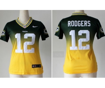 Nike Green Bay Packers #12 Aaron Rodgers Green/Yellow Fadeaway Womens Jersey