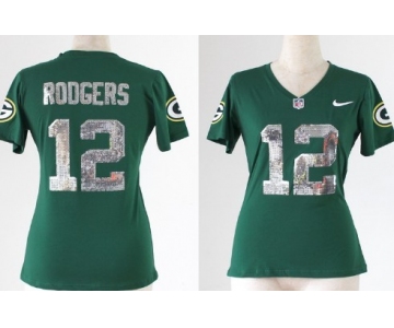 Nike Green Bay Packers #12 Aaron Rodgers Handwork Sequin Lettering Fashion Green Womens Jersey