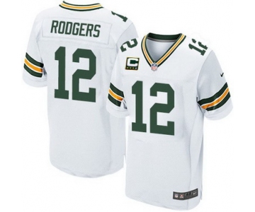 Nike Green Bay Packers #12 Aaron Rodgers White C Patch Elite Jersey