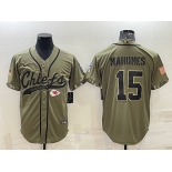 Men's Kansas City Chiefs #15 Patrick Mahomes 2022 Olive Salute to Service Cool Base Stitched Baseball Jersey