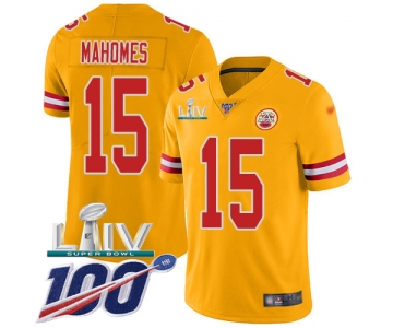 Nike Chiefs #15 Patrick Mahomes Gold Super Bowl LIV 2020 Youth Stitched NFL Limited Inverted Legend 100th Season Jersey