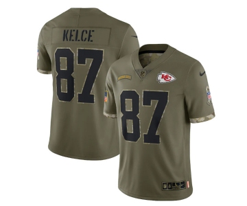 Men's Kansas City Chiefs #87 Travis Kelce 2022 Olive Salute To Service Limited Stitched Jersey