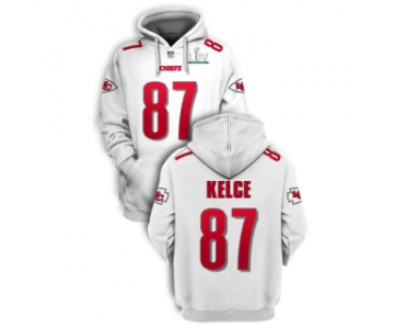 Men's White Kansas City Chiefs #87 Travis Kelce 2021 Super Bowl LIV Pullover Hoodie