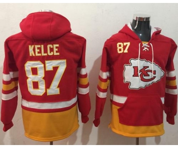 Nike Kansas City Chiefs #87 Travis Kelce Red Gold Name & Number Pullover NFL Hoodie
