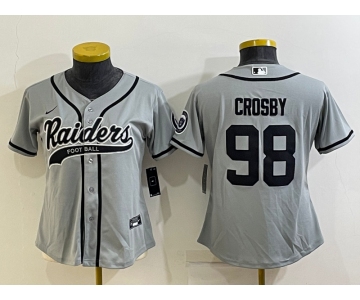 Women's Las Vegas Raiders #98 Maxx Crosby Grey With Patch Cool Base Stitched Baseball Jersey