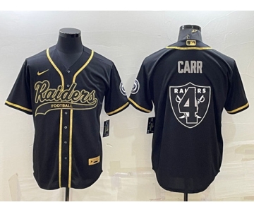 Men's Las Vegas Raiders #4 Derek Carr Black Gold Team Big Logo With Patch Cool Base Stitched Baseball Jersey