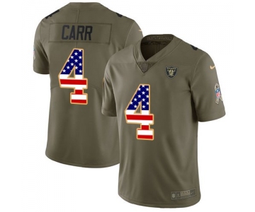 Youth Nike Oakland Raiders 4 Derek Carr Olive USA Flag Stitched NFL Limited 2017 Salute to Service Jersey