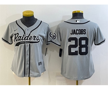 Women's Las Vegas Raiders #28 Josh Jacobs Gray With Patch Cool Base Stitched Baseball Jersey(Run Small)