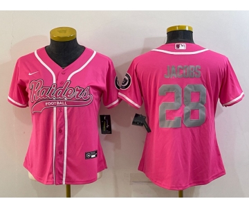 Women's Las Vegas Raiders #28 Josh Jacobs Pink With Patch Cool Base Stitched Baseball Jersey
